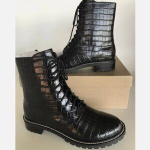 Reformation Womens Amelia Black Leather Croc Lace Up Boot Size 8